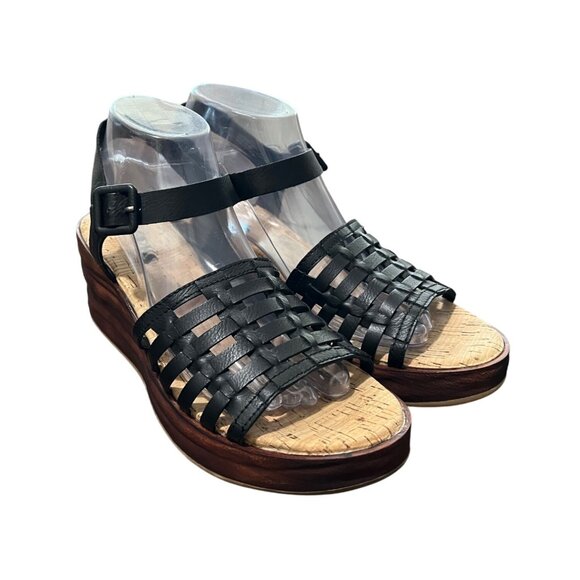 Korks Women's Size 8 Black Wedge Sandal Marley Woven Straps Adjustable Buckle - Picture 2 of 10